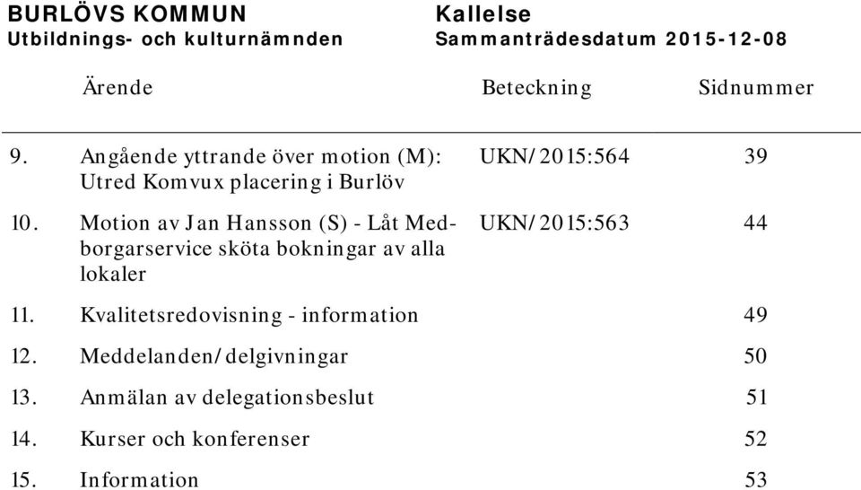 Motion av Jan Hansson (S) - Låt Medborgarservice sköta bokningar av alla lokaler UKN/2015:564