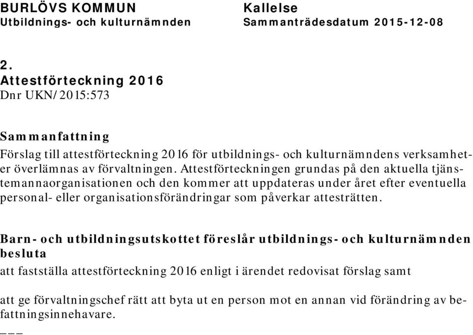 Attestförteckningen grundas på den aktuella tjänstemannaorganisationen och den kommer att uppdateras under året efter eventuella personal- eller