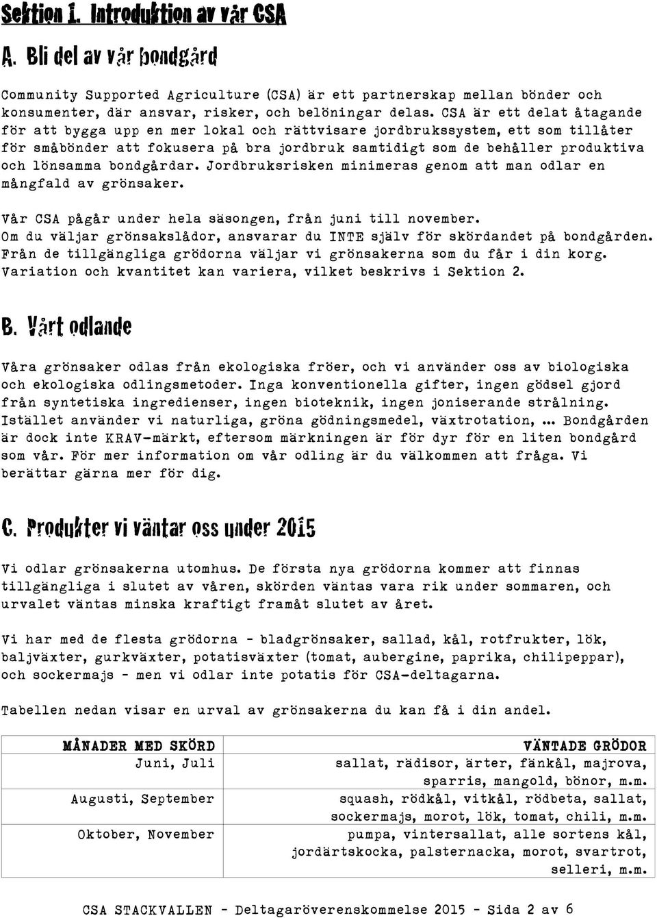 bondgårdar. Jordbruksrisken minimeras genom att man odlar en mångfald av grönsaker. Vår CSA pågår under hela säsongen, från juni till november.