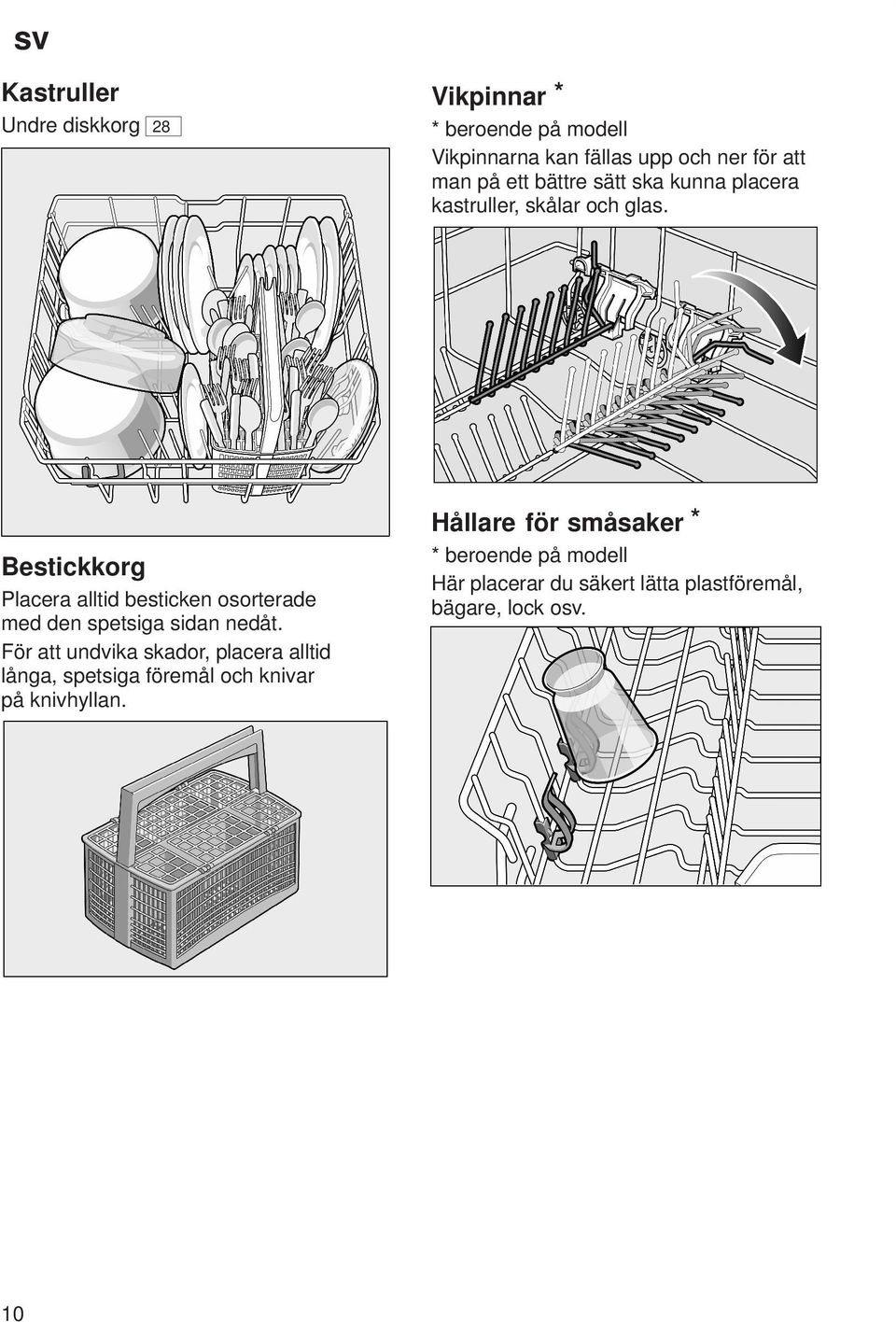 Bestickkorg Placera alltid besticken osorterade med den spetsiga sidan nedåt.