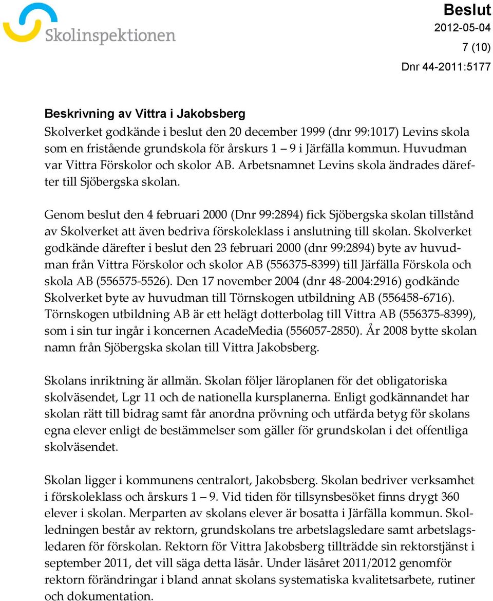 Genom beslut den 4 februari 2000 (Dnr 99:2894) fick Sjöbergska skolan tillstånd av Skolverket att även bedriva förskoleklass i anslutning till skolan.