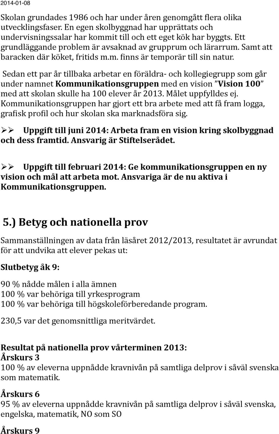 Sedan ett par år tillbaka arbetar en föräldra- och kollegiegrupp som går under namnet Kommunikationsgruppen med en vision Vision 100 med att skolan skulle ha 100 elever år 2013. Målet uppfylldes ej.