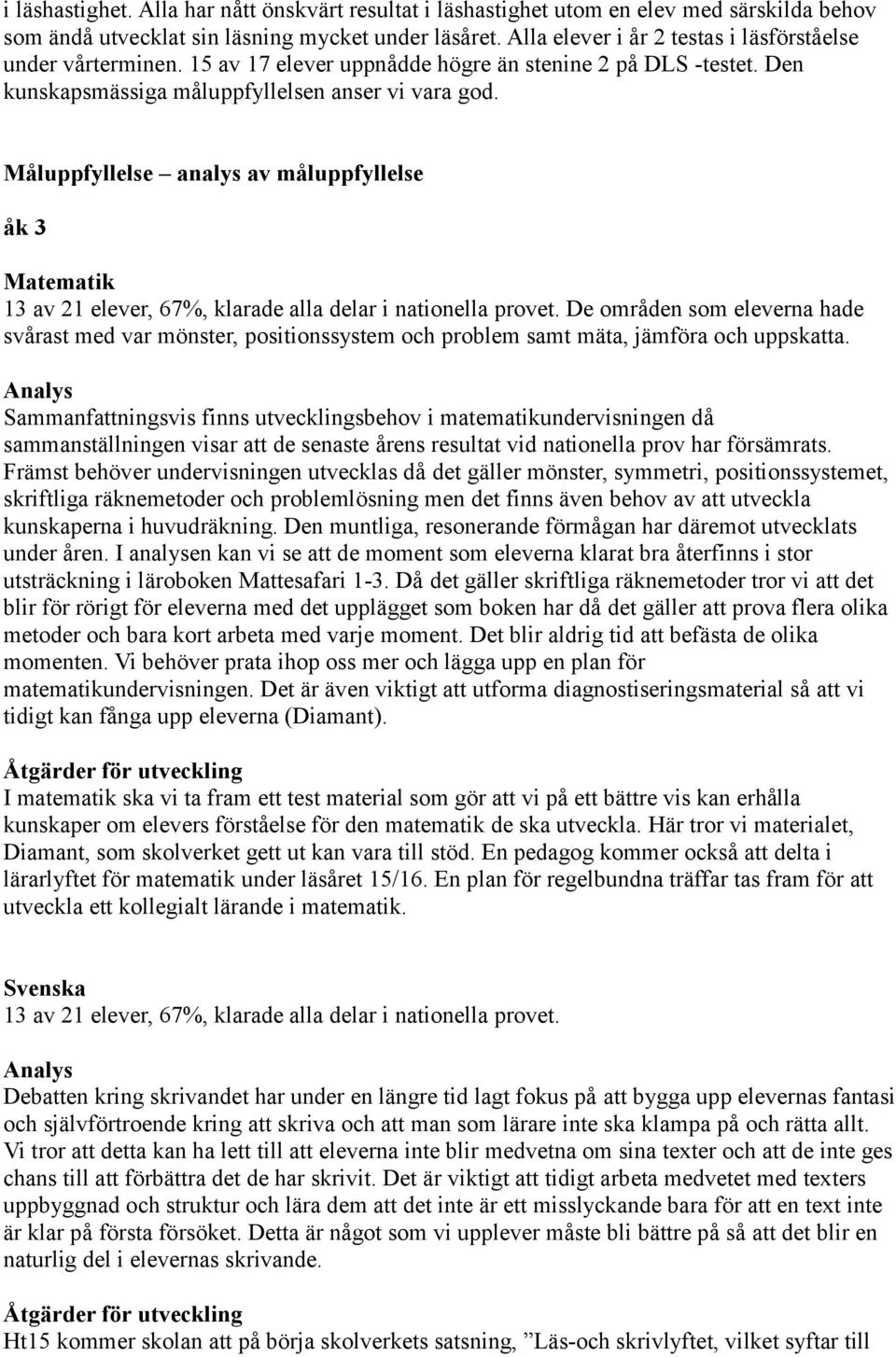 Måluppfyllelse analys av måluppfyllelse åk 3 Matematik 13 av 21 elever, 67%, klarade alla delar i nationella provet.