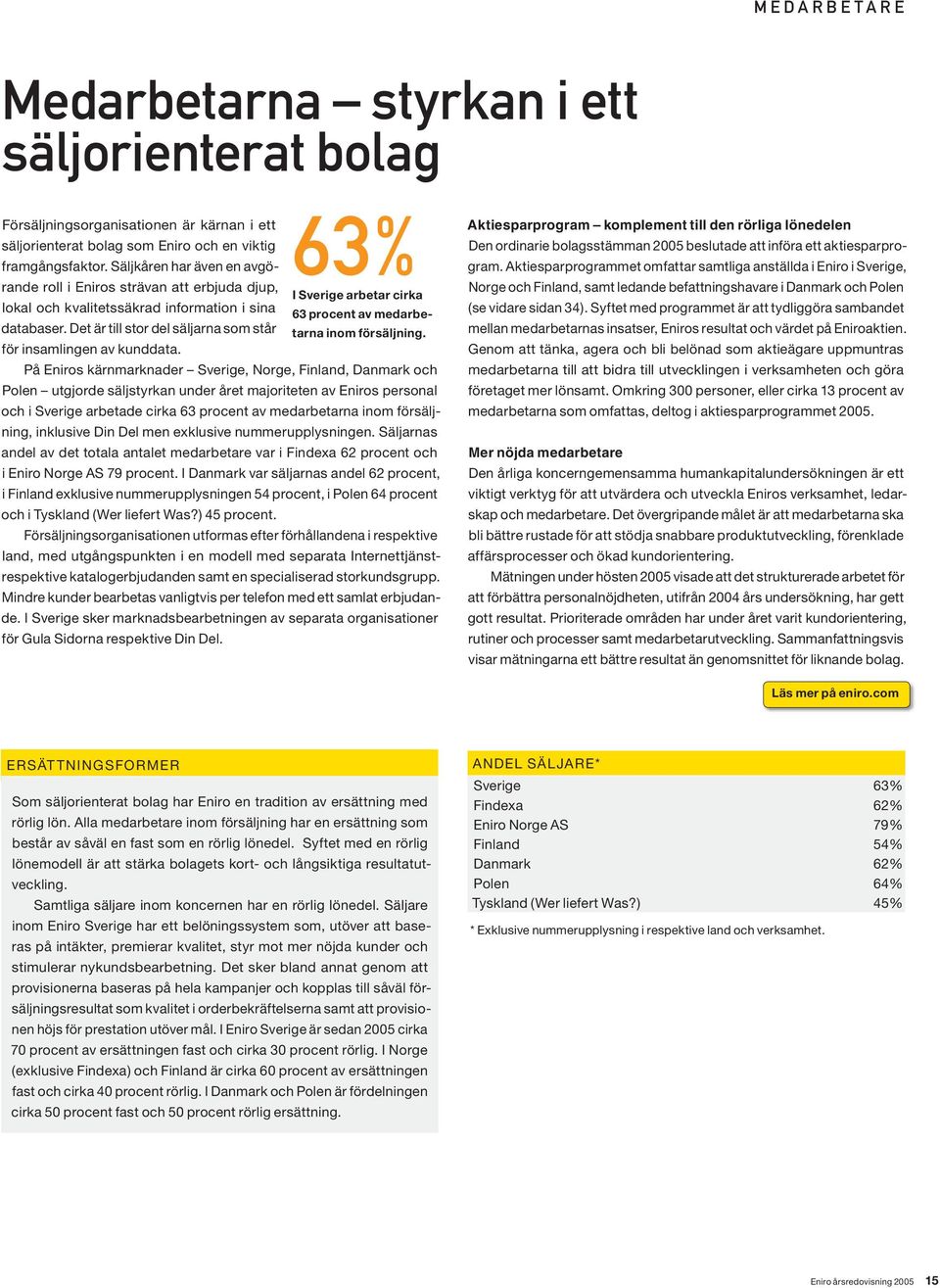 På Eniros kärnmarknader Sverige, Norge, Finland, Danmark och Polen utgjorde säljstyrkan under året majoriteten av Eniros personal och i Sverige arbetade cirka 63 procent av medarbetarna inom