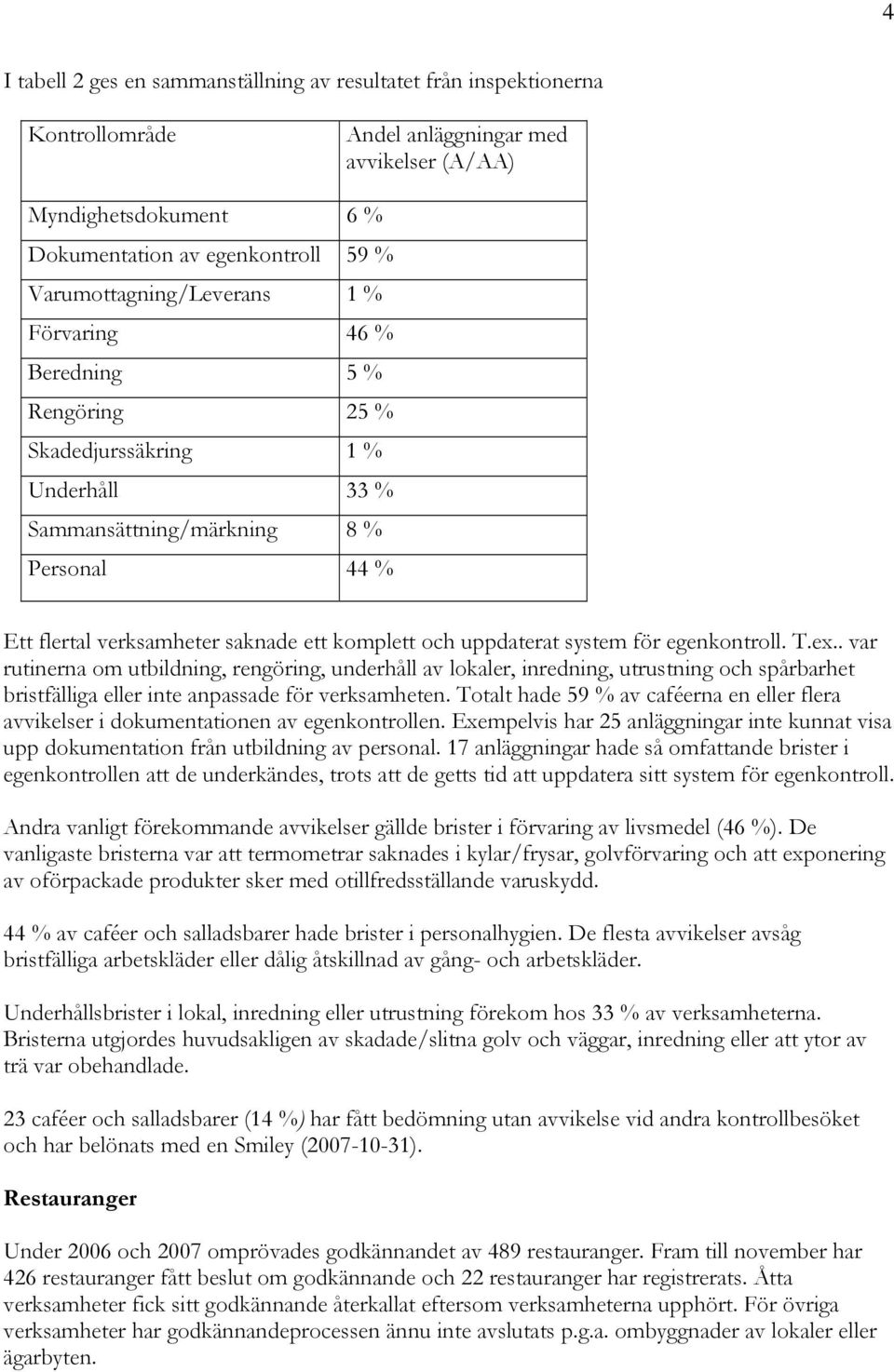 och uppdaterat system för egenkontroll. T.ex.. var rutinerna om utbildning, rengöring, underhåll av lokaler, inredning, utrustning och spårbarhet bristfälliga eller inte anpassade för verksamheten.