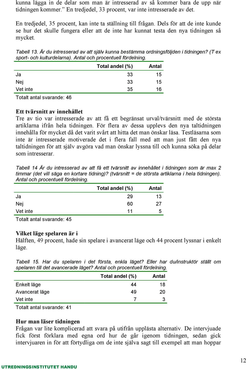 Är du intresserad av att själv kunna bestämma ordningsföljden i tidningen? (T ex sport- och kulturdelarna). och procentuell fördelning.