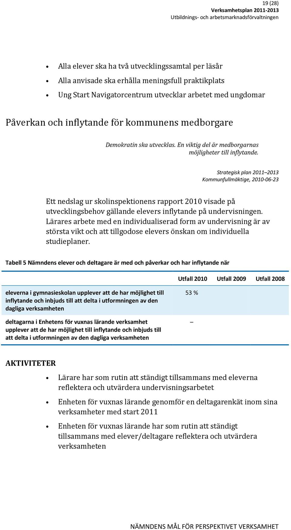 Strategisk plan 2011 2013 Kommunfullmäktige, 2010-06-23 Ett nedslag ur skolinspektionens rapport 2010 visade på utvecklingsbehov gällande elevers inflytande på undervisningen.