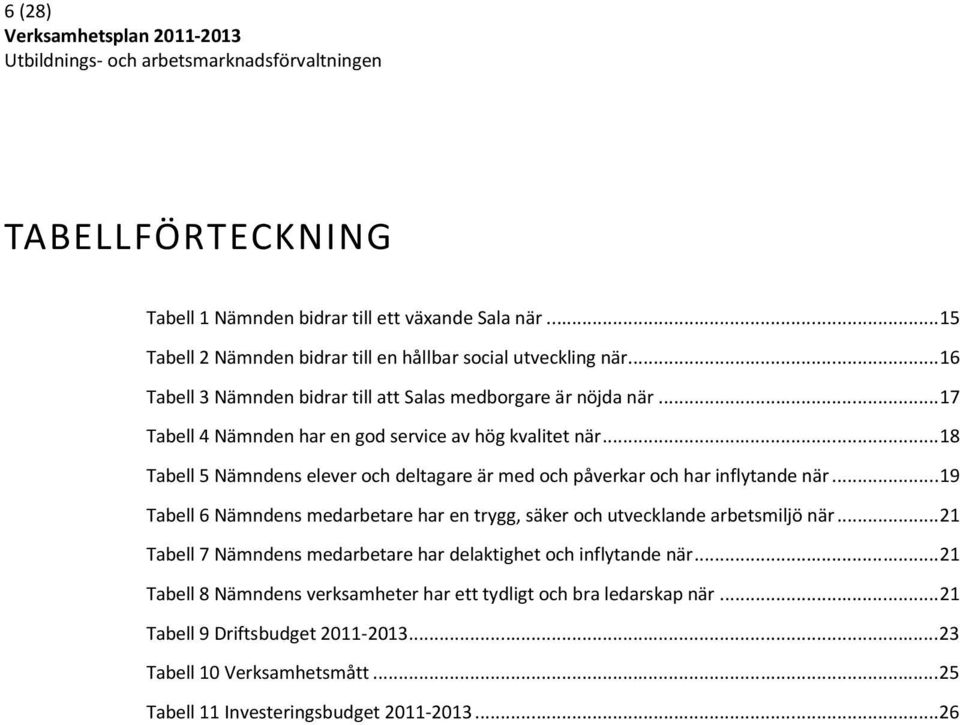 .. 18 Tabell 5 Nämndens elever och deltagare är med och påverkar och har inflytande när... 19 Tabell 6 Nämndens medarbetare har en trygg, säker och utvecklande arbetsmiljö när.