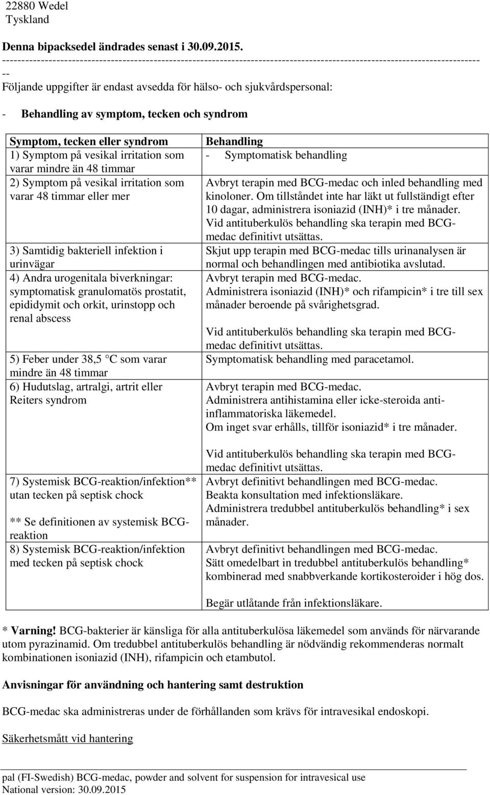 Behandling av symptom, tecken och syndrom Symptom, tecken eller syndrom 1) Symptom på vesikal irritation som varar mindre än 48 timmar 2) Symptom på vesikal irritation som varar 48 timmar eller mer