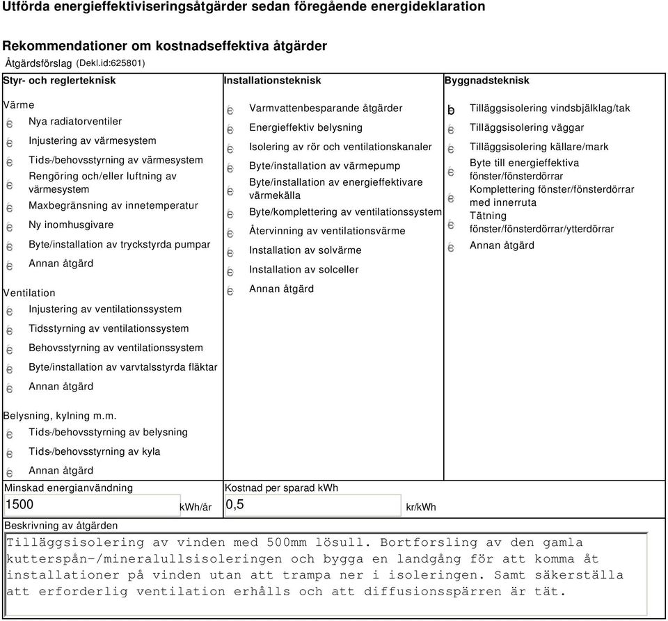 värmesystem Maxbegränsning av innetemperatur Ny inomhusgivare Byte/installation av tryckstyrda pumpar Ventilation Injustering av ventilationssystem Tidsstyrning av ventilationssystem Behovsstyrning