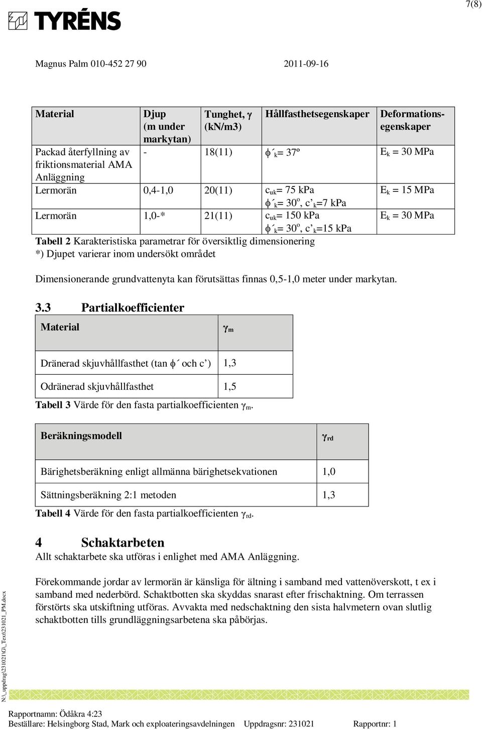 undersökt området Dimensionerande grundvattenyta kan förutsättas finnas 0,5-1,0 meter under markytan. E k = 15 MPa E k = 30 MPa 3.