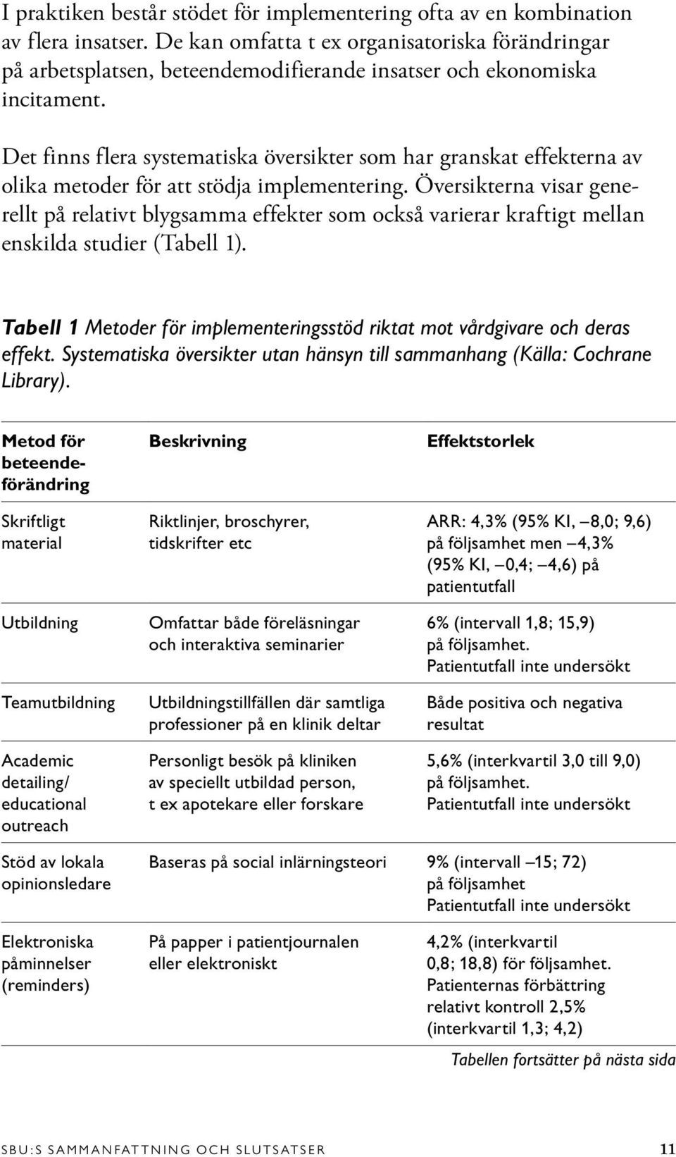 Det finns flera systematiska översikter som har granskat effekterna av olika metoder för att stödja implementering.