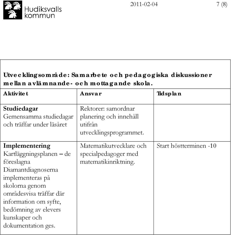 implementeras på skolorna genom områdesvisa träffar där information om syfte, bedömning av elevers kunskaper och dokumentation ges.