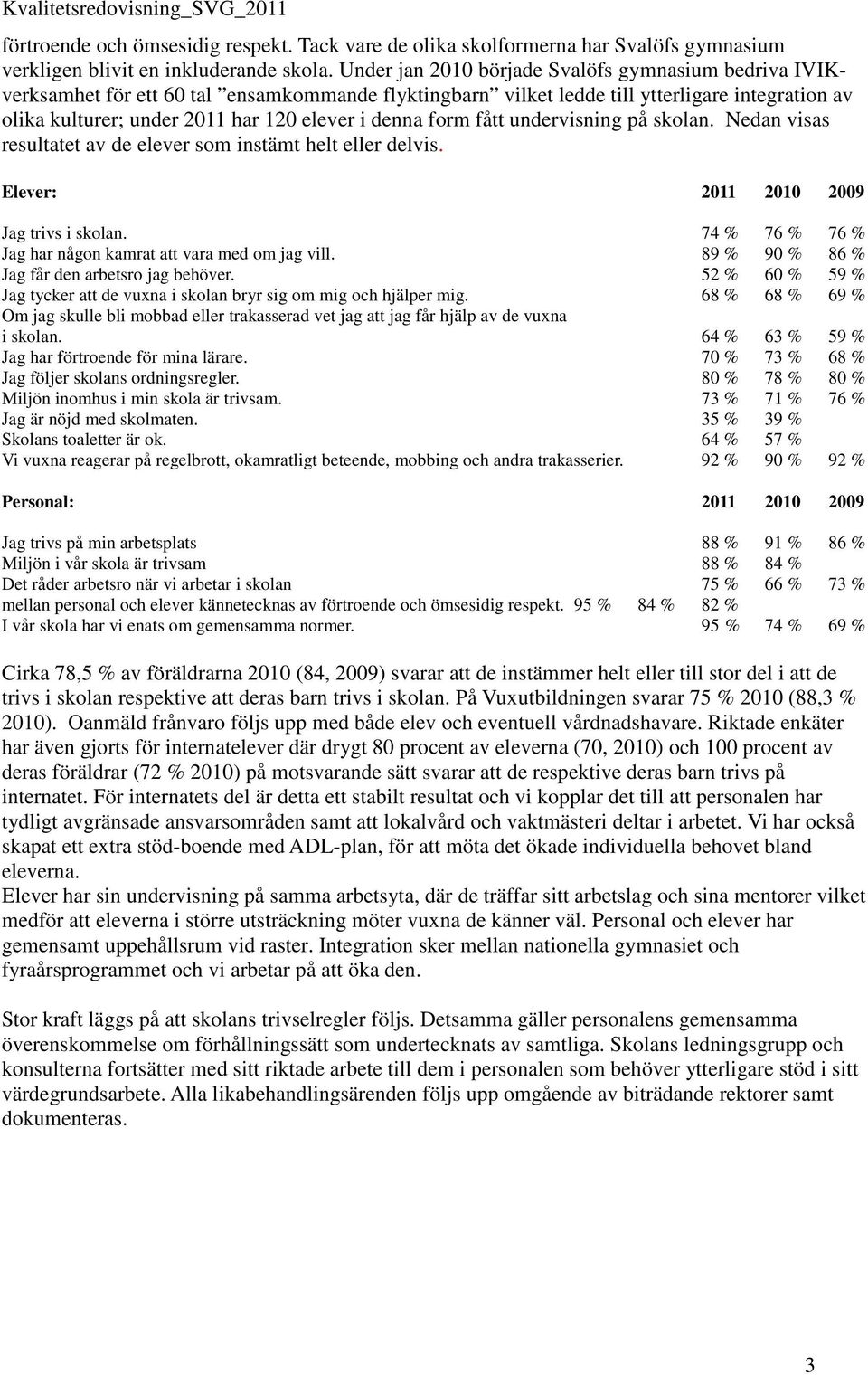 denna form fått undervisning på skolan. Nedan visas resultatet av de elever som instämt helt eller delvis. Elever: 2011 2010 2009 Jag trivs i skolan.