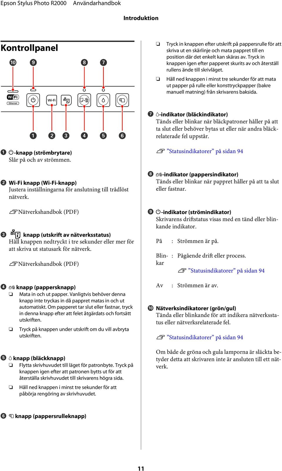 Håll ned knappen i minst tre sekunder för att mata ut papper på rulle eller knsttryckpapper (bakre manuell matning) från skrivarens baksida.