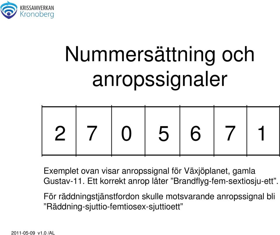 Ett korrekt anrop låter Brandflyg-fem-sextiosju-ett.