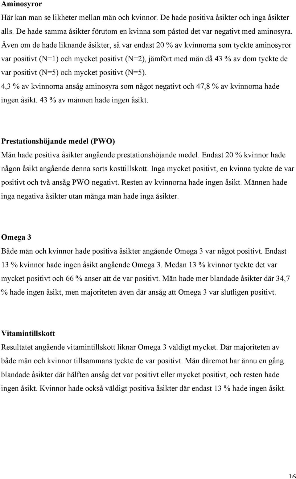 mycket positivt (N=5). 4,3 % av kvinnorna ansåg aminosyra som något negativt och 47,8 % av kvinnorna hade ingen åsikt. 43 % av männen hade ingen åsikt.