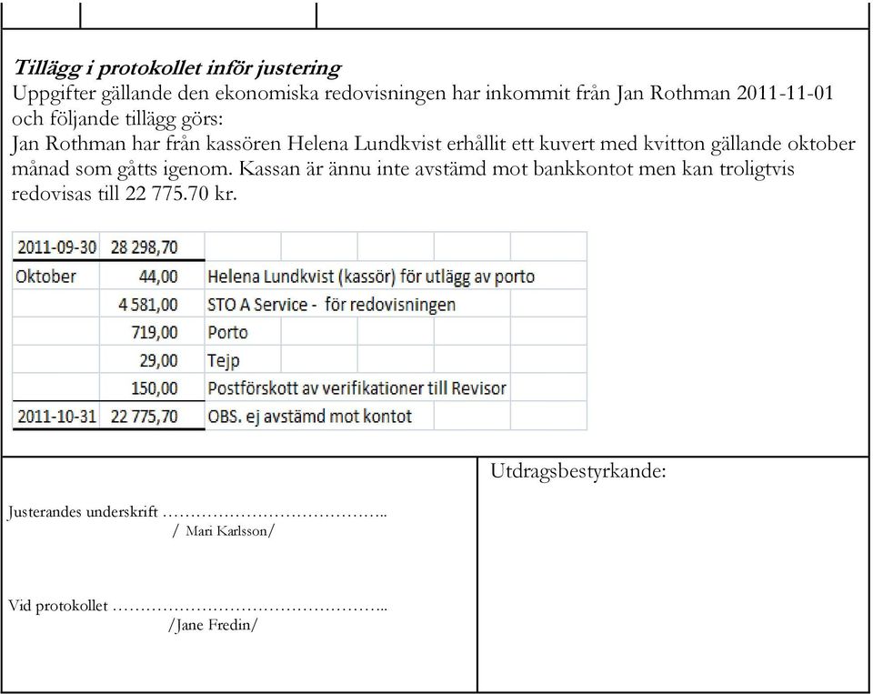 med kvitton gällande oktober månad som gåtts igenom.