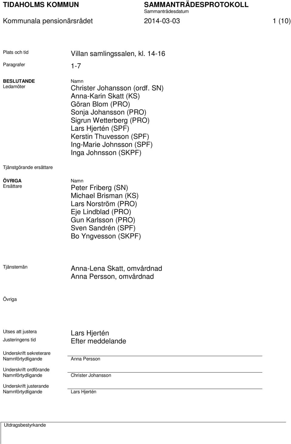 ersättare ÖVRIGA Ersättare Namn Peter Friberg (SN) Michael Brisman (KS) Lars Norström (PRO) Eje Lindblad (PRO) Gun Karlsson (PRO) Sven Sandrén (SPF) Bo Yngvesson (SKPF) Tjänstemän Anna-Lena Skatt,