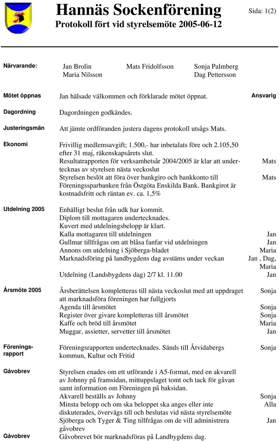 Resultatrapporten för verksamhetsår 2004/2005 är klar att undertecknas av styrelsen nästa veckoslut Styrelsen beslöt att föra över bankgiro och bankkonto till Föreningssparbanken från Östgöta