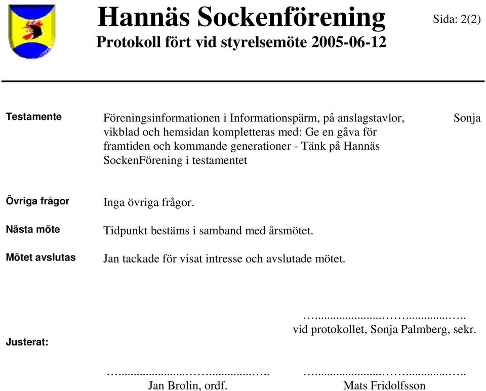 Tänk på Hannäs SockenFörening i testamentet Övriga frågor Inga övriga frågor.