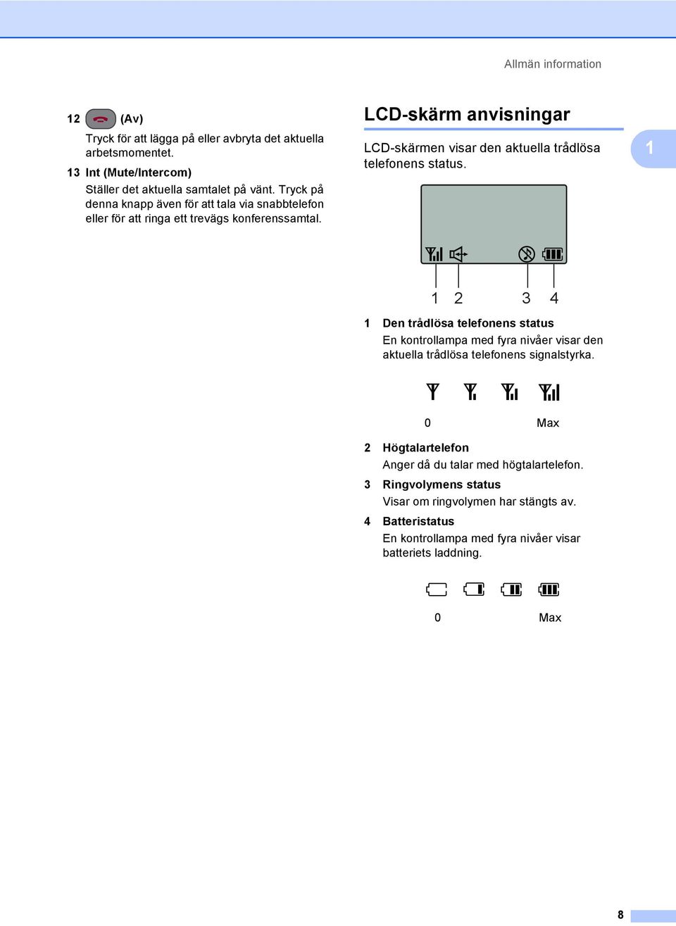 LCD-skärm anvisningar 1 LCD-skärmen visar den aktuella trådlösa telefonens status.