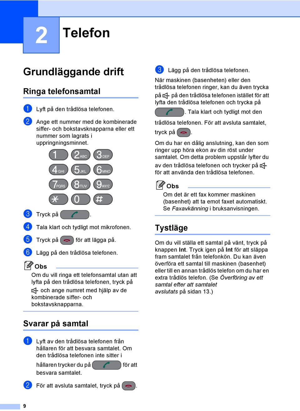 f Lägg på den trådlösa telefonen. Obs Om du vill ringa ett telefonsamtal utan att lyfta på den trådlösa telefonen, tryck på och ange numret med hjälp av de kombinerade siffer- och bokstavsknapparna.