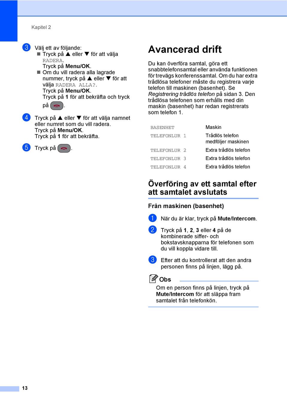 Avancerad drift 2 Du kan överföra samtal, göra ett snabbtelefonsamtal eller använda funktionen för trevägs konferenssamtal.