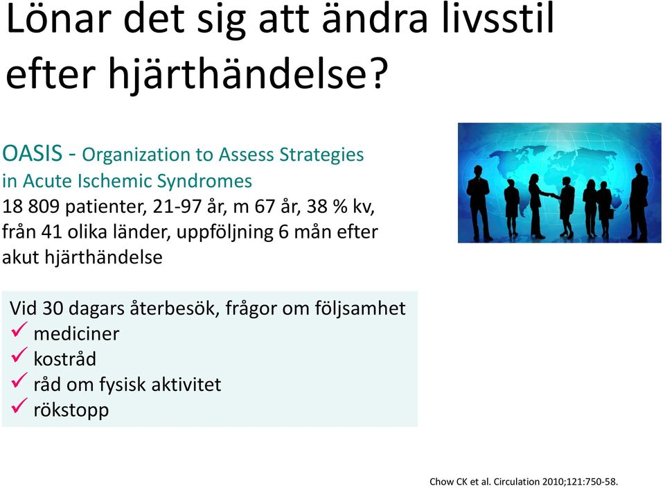 år, m 67 år, 38 % kv, från 41 olika länder, uppföljning 6 mån efter akut hjärthändelse Vid 30