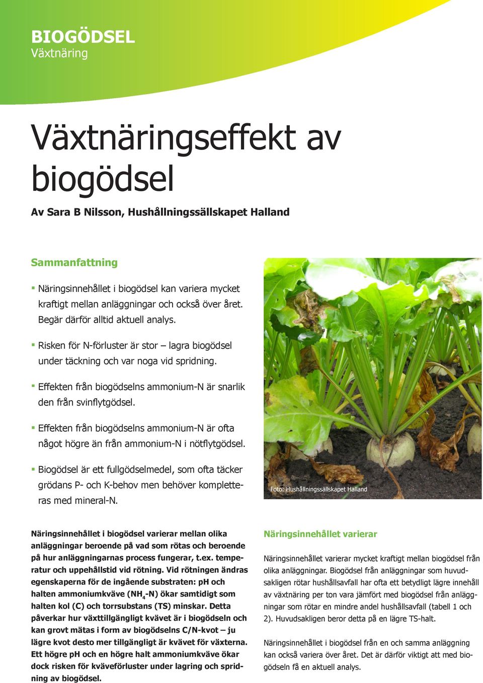 Effekten från biogödselns ammonium-n är snarlik den från svinflytgödsel. Effekten från biogödselns ammonium-n är ofta något högre än från ammonium-n i nötflytgödsel.