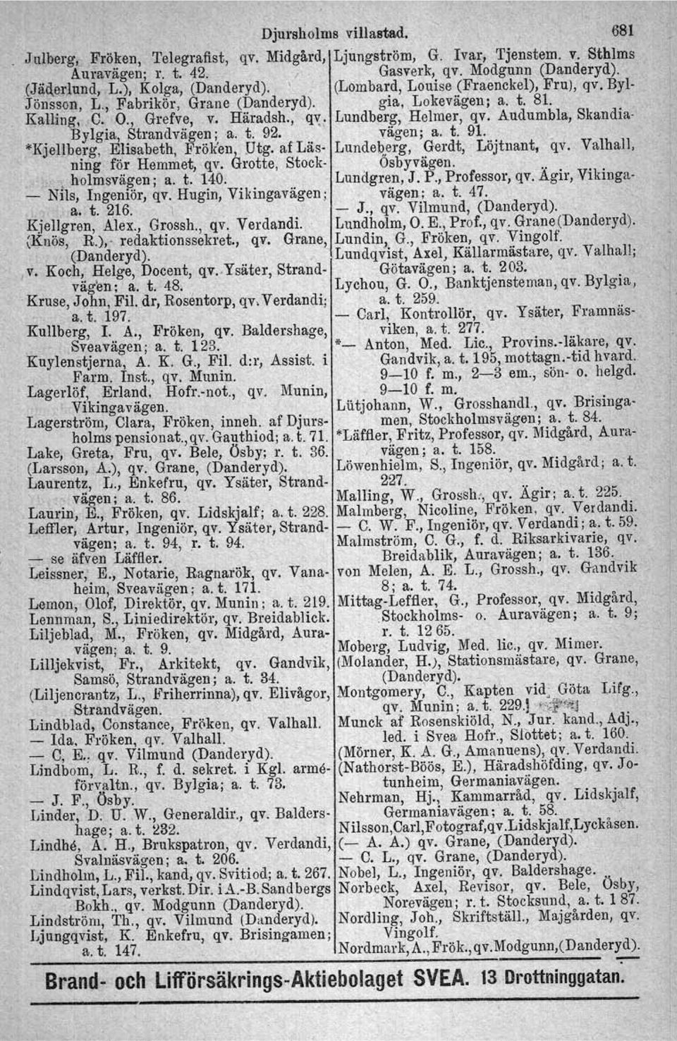 Audumbla, Skandia- Bylgia, Strandvägen; a. t. 92. vägen; a. t. 91. *Kjellberg, Elisabeth, Fröken, Ptg. af Läs- Lundeberg, Gerdt, Löjtnant, q,v. Valhall, ning för Hemmet, qv, Grotte, Stock- Ösbyvägen.