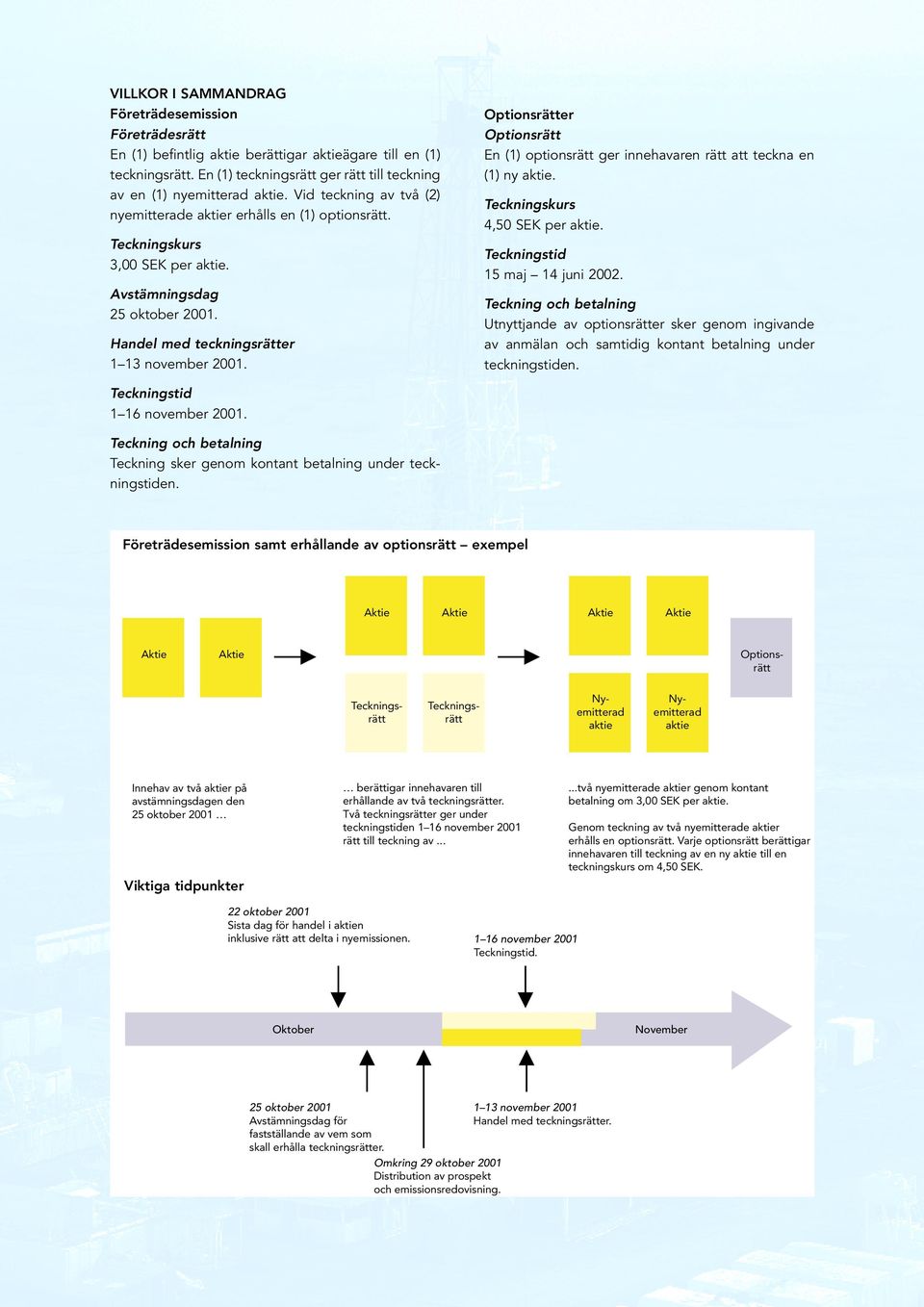 Optionsrätter Optionsrätt En (1) optionsrätt ger innehavaren rätt att teckna en (1) ny aktie. Teckningskurs 4,50 SEK per aktie. Teckningstid 15 maj 14 juni 2002.