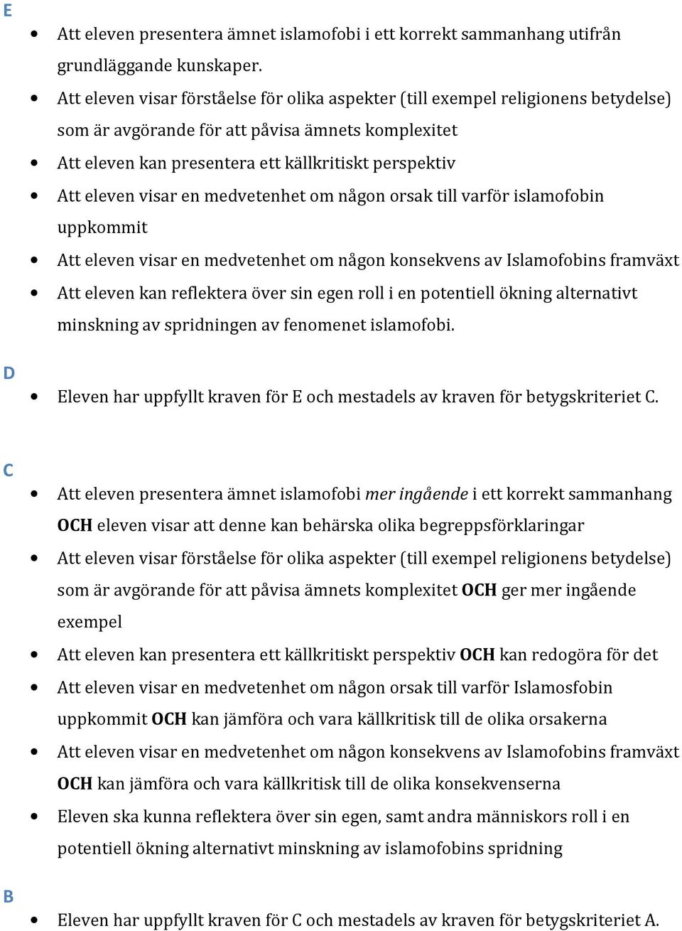 visar en medvetenhet om någon orsak till varför islamofobin uppkommit Att eleven visar en medvetenhet om någon konsekvens av Islamofobins framväxt Att eleven kan reflektera över sin egen roll i en