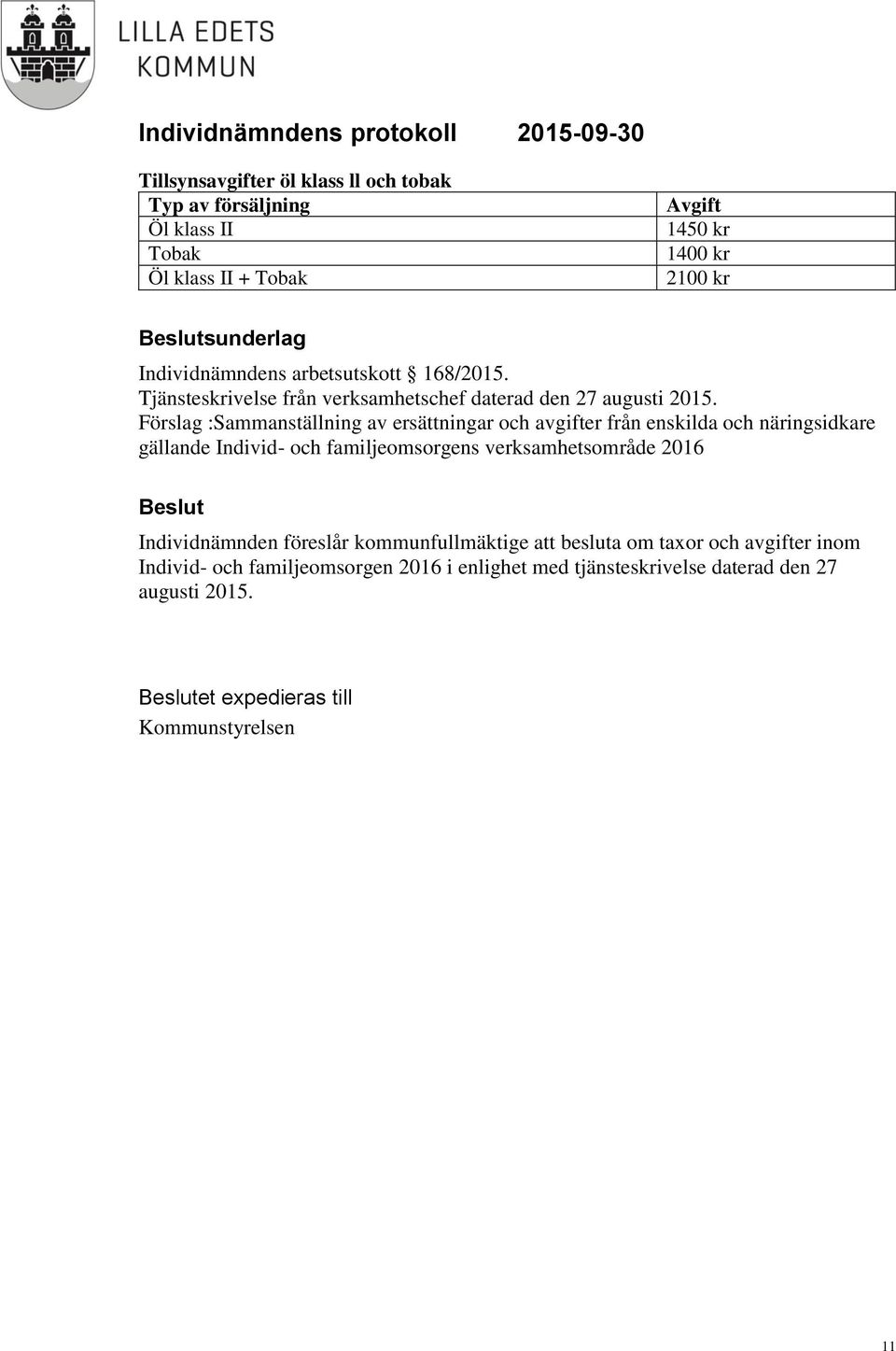 Förslag :Sammanställning av ersättningar och avgifter från enskilda och näringsidkare gällande Individ- och familjeomsorgens verksamhetsområde 2016 Beslut