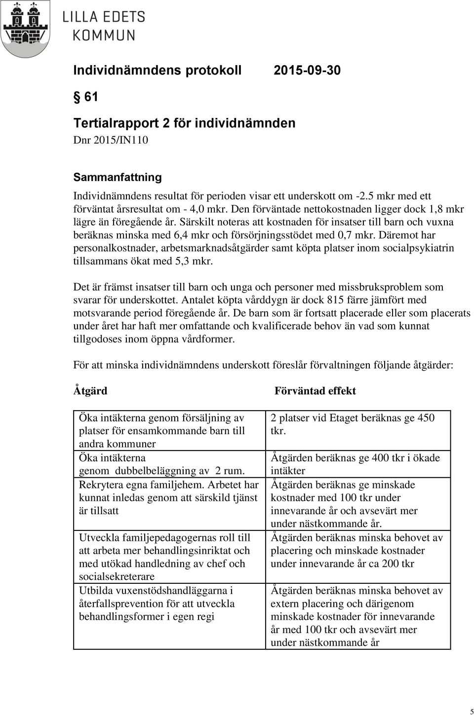 Särskilt noteras att kostnaden för insatser till barn och vuxna beräknas minska med 6,4 mkr och försörjningsstödet med 0,7 mkr.