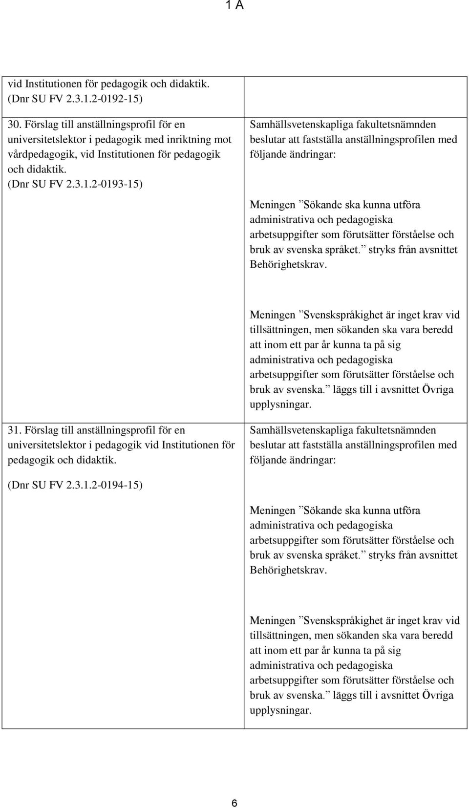 2-0193-15) Samhällsvetenskapliga fakultetsnämnden beslutar att fastställa anställningsprofilen med följande ändringar: Meningen Sökande ska kunna utföra administrativa och pedagogiska arbetsuppgifter