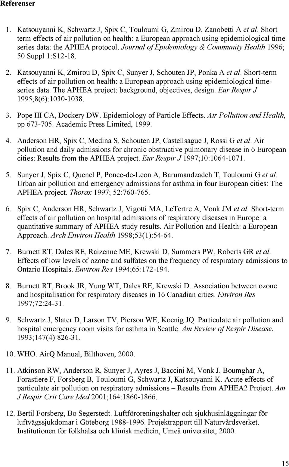 Katsouyanni K, Zmirou D, Spix C, Sunyer J, Schouten JP, Ponka A et al. Short-term effects of air pollution on health: a European approach using epidemiological timeseries data.