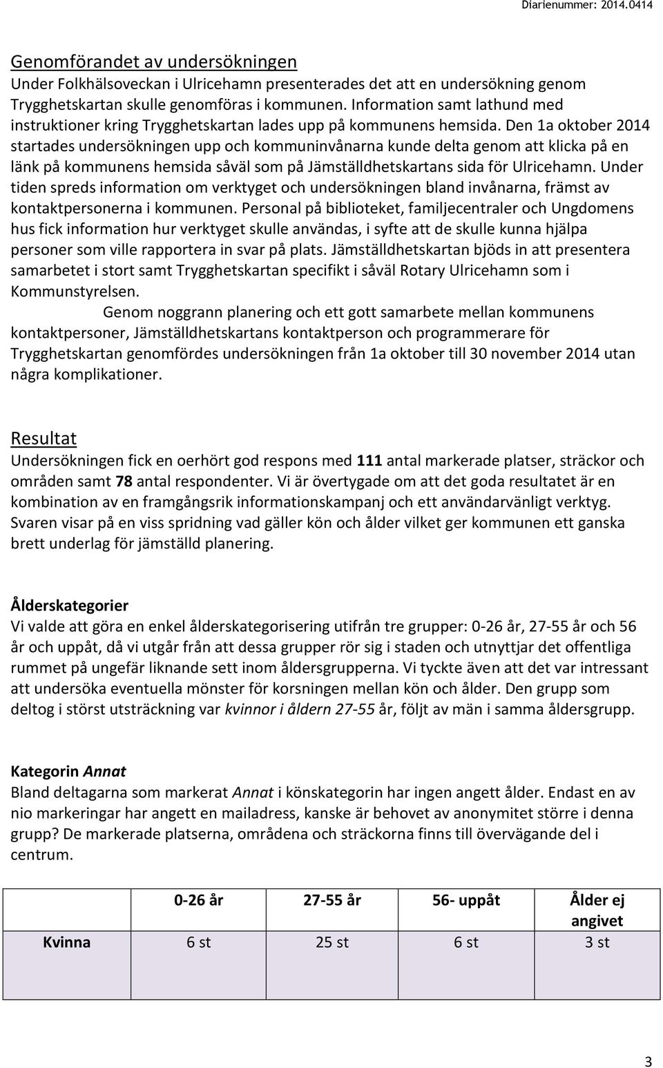 Den 1a oktober 2014 startades undersökningen upp och kommuninvånarna kunde delta genom att klicka på en länk på kommunens hemsida såväl som på Jämställdhetskartans sida för Ulricehamn.