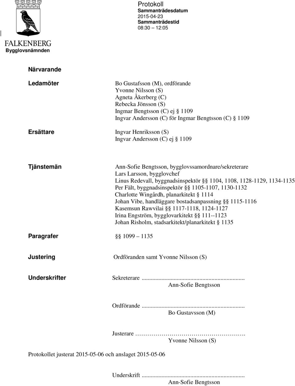 Linus Redevall, byggnadsinspektör 1104, 1108, 1128-1129, 1134-1135 Per Fält, byggnadsinspektör 1105-1107, 1130-1132 Charlotte Wingårdh, planarkitekt 1114 Johan Vibe, handläggare bostadsanpassning