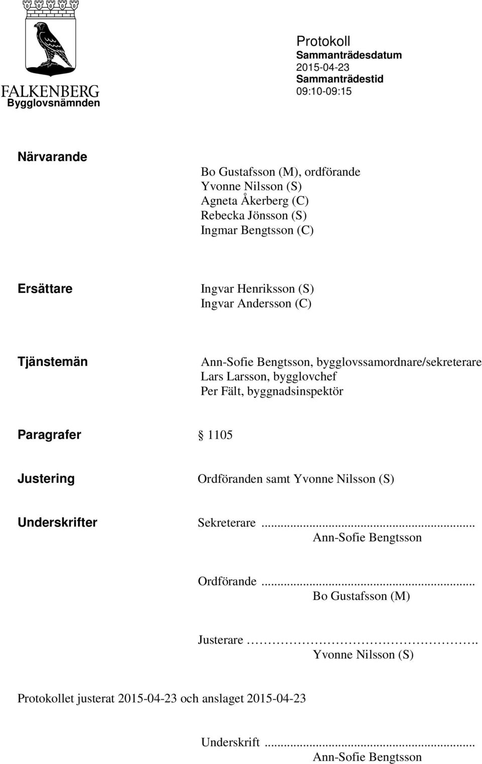 bygglovssamordnare/sekreterare Lars Larsson, bygglovchef Per Fält, byggnadsinspektör Paragrafer 1105 Ordföranden samt Yvonne Nilsson (S)