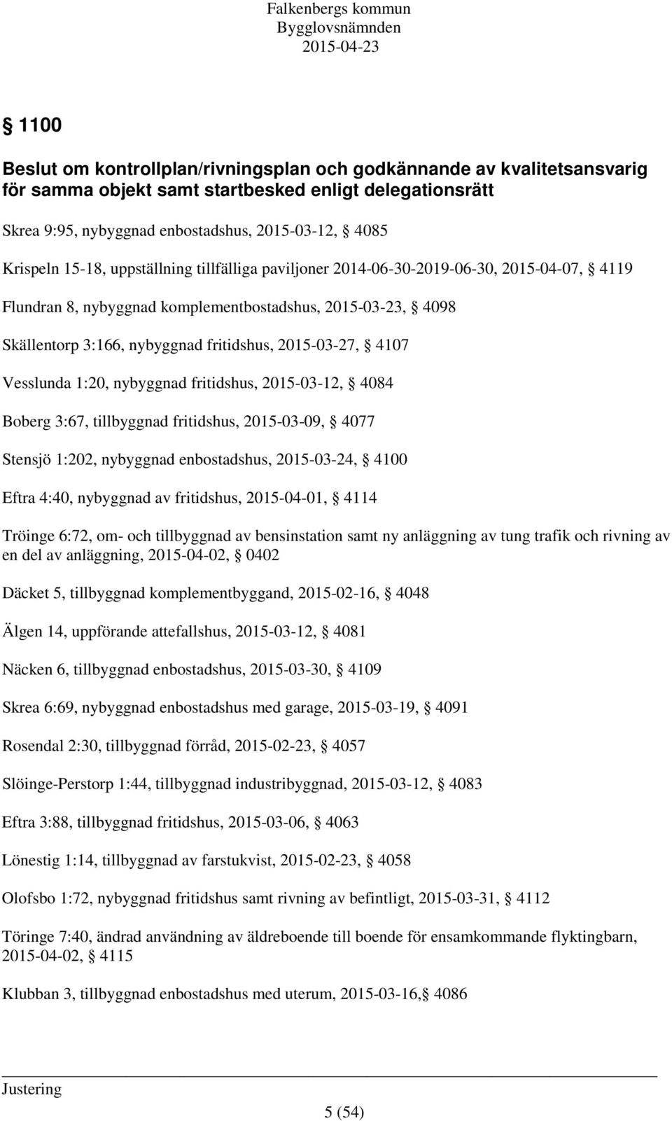 4107 Vesslunda 1:20, nybyggnad fritidshus, 2015-03-12, 4084 Boberg 3:67, tillbyggnad fritidshus, 2015-03-09, 4077 Stensjö 1:202, nybyggnad enbostadshus, 2015-03-24, 4100 Eftra 4:40, nybyggnad av