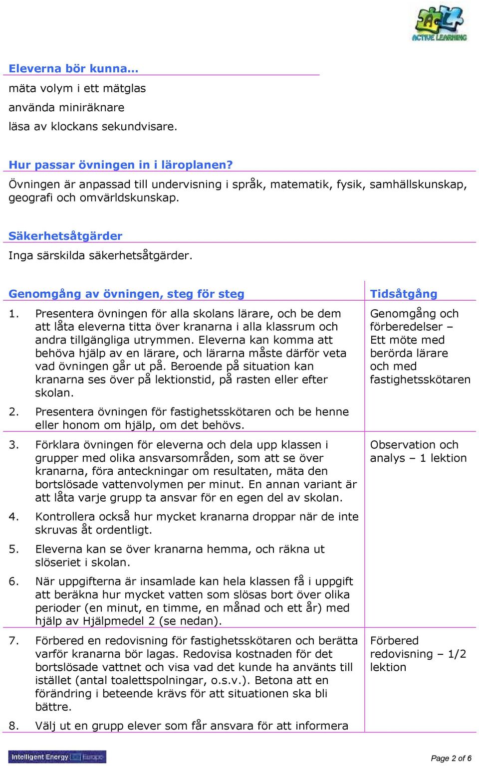 Genomgång av övningen, steg för steg 1. Presentera övningen för alla skolans lärare, och be dem att låta eleverna titta över kranarna i alla klassrum och andra tillgängliga utrymmen.