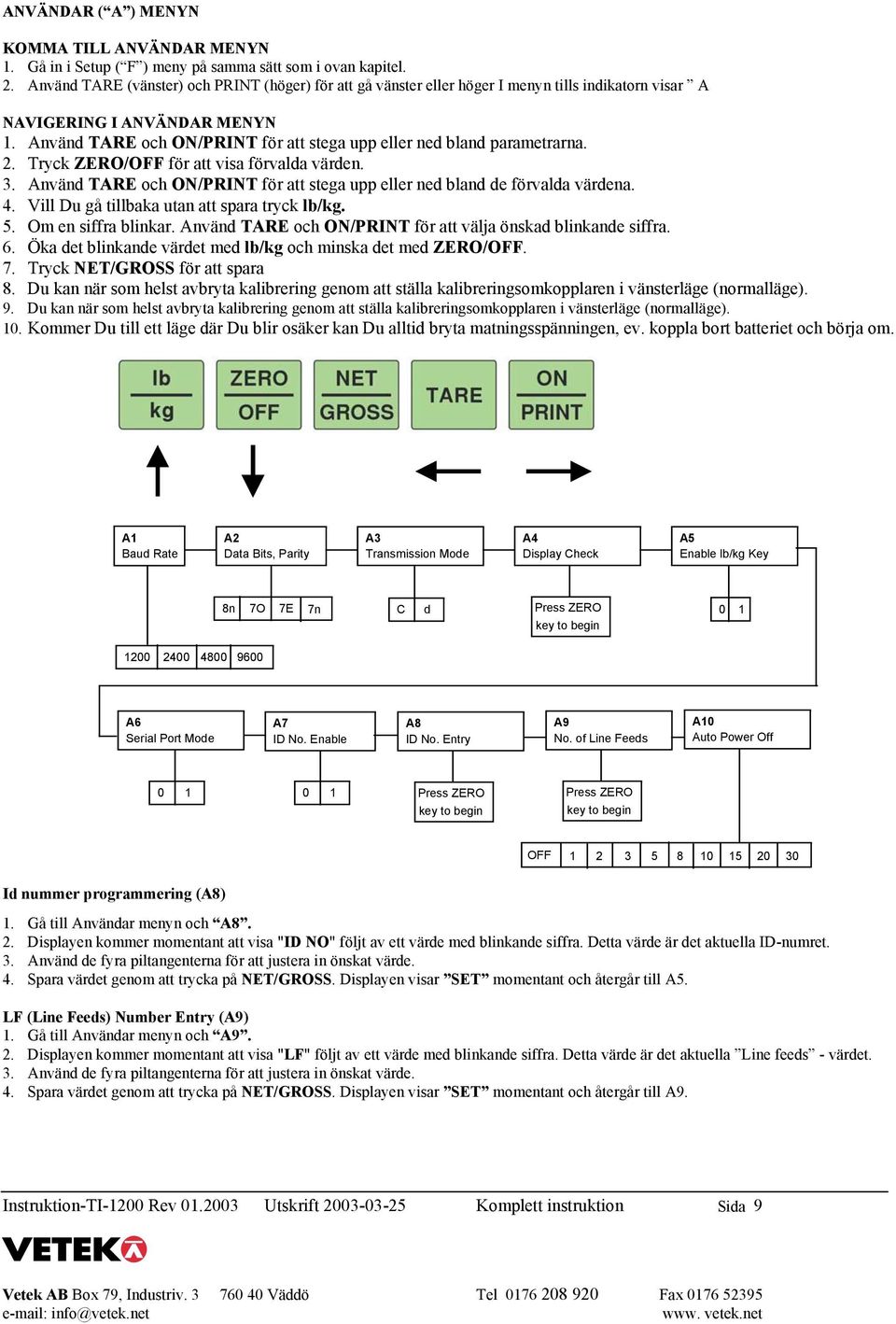 Använd TARE och ON/PRINT för att stega upp eller ned bland parametrarna. 2. Tryck ZERO/OFF för att visa förvalda värden. 3.