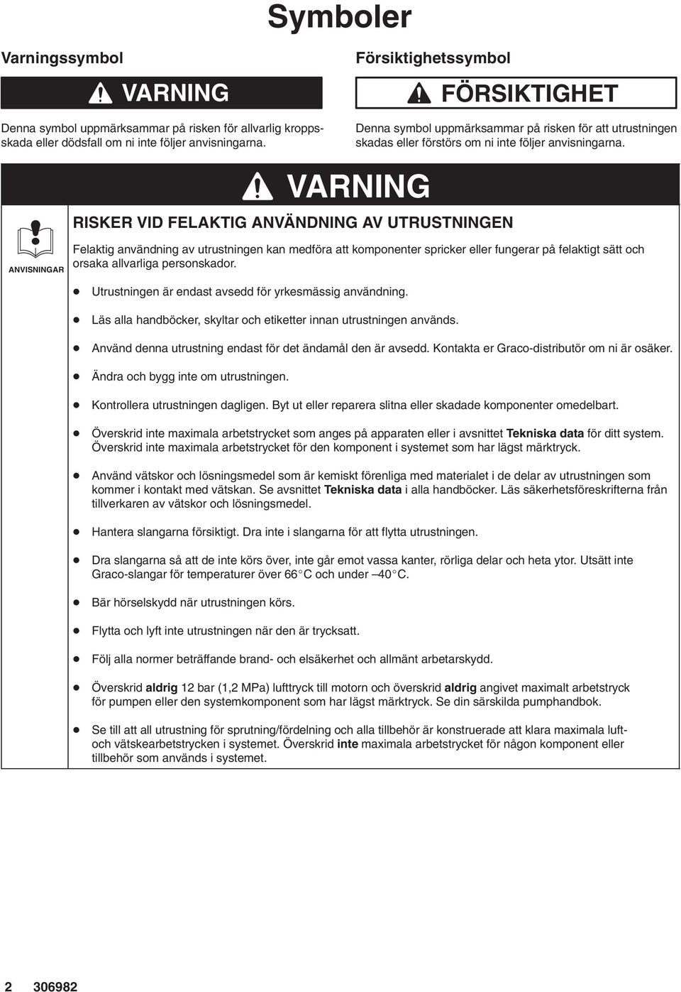 VARNING RISKER VID FELAKTIG ANVÄNDNING AV UTRUSTNINGEN ANVISNINGAR Felaktig användning av utrustningen kan medföra att komponenter spricker eller fungerar på felaktigt sätt och orsaka allvarliga
