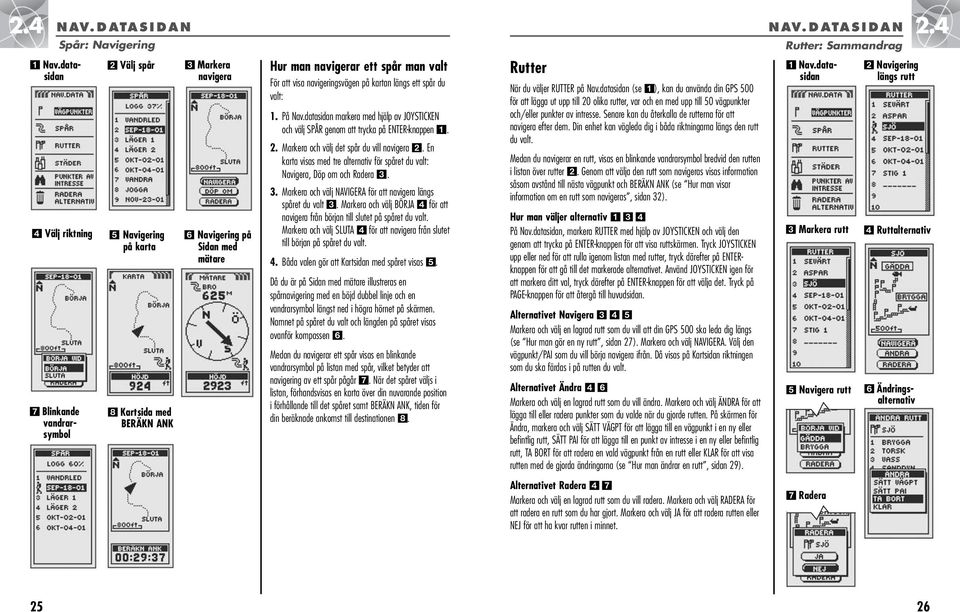 navigeringsvägen på kartan längs ett spår du valt: 1. På Nav.datasidan markera med hjälp av JOYSTICKEN och välj SPÅR genom att trycka på ENTER-knappen. 2. Markera och välj det spår du vill navigera.