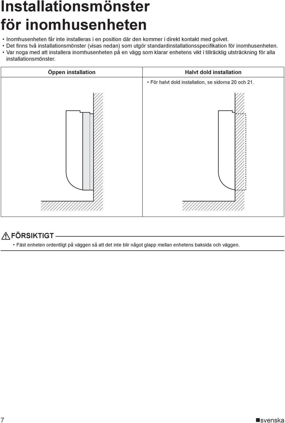 Var noga med att installera inomhusenheten på en vägg som klarar enhetens vikt i tillräcklig utsträckning för alla installationsmönster.
