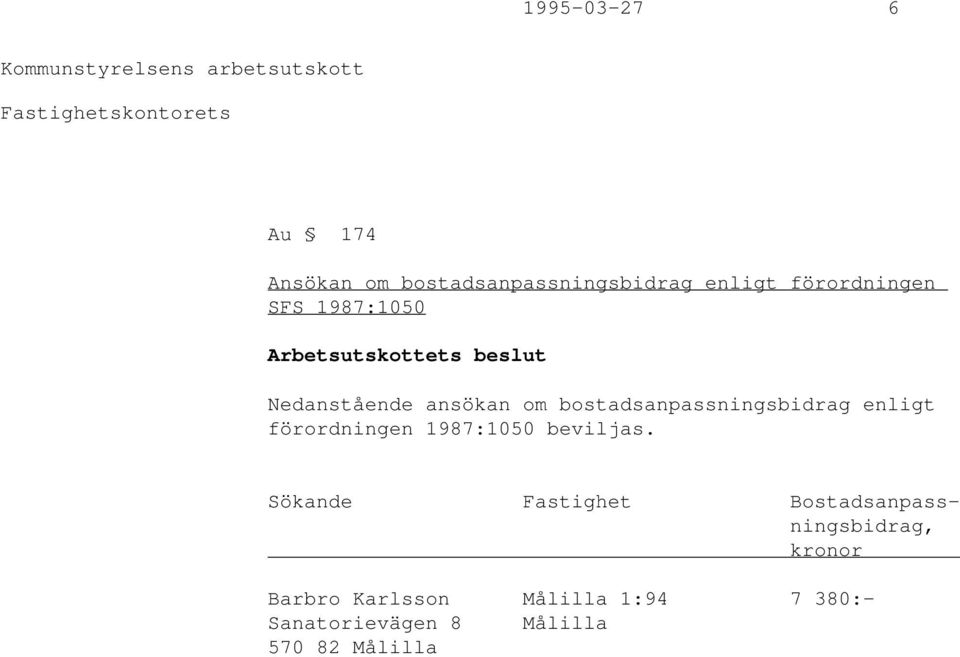 bostadsanpassningsbidrag enligt förordningen 1987:1050 beviljas.