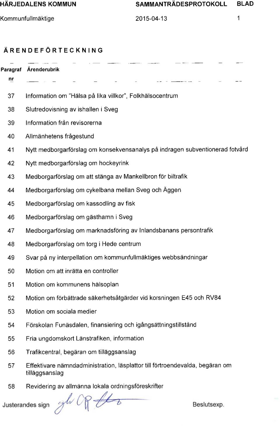 Medborgarförslag om att stänga av Mankellbron för biltrafik 44 Medborgarförslag om cykelbana mellan Sveg och Äggen 45 Medborgarförslag om kassodling av fisk 46 Medborgarförslag om gästhamn i Sveg 47