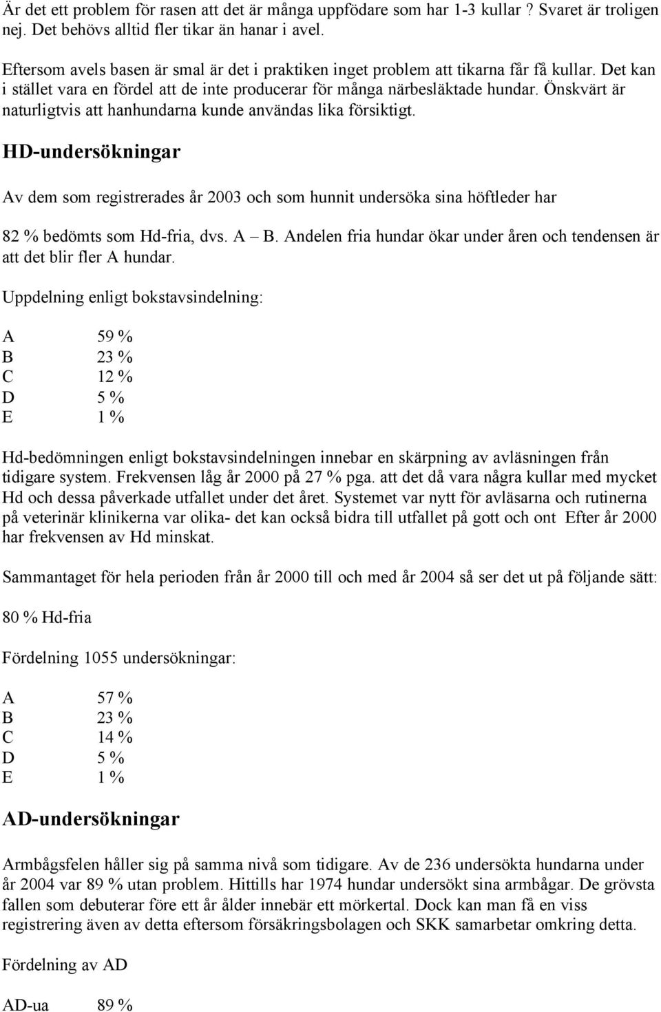 Önskvärt är naturligtvis att hanhundarna kunde användas lika försiktigt. HD-undersökningar Av dem som registrerades år 2003 och som hunnit undersöka sina höftleder har 82 % bedömts som Hd-fria, dvs.