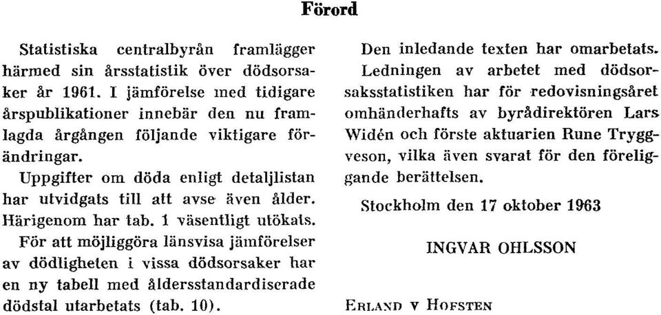 Härigenom har tab. 1 väsentligt utökats. För att möjliggöra länsvisa jämförelser av dödligheten i vissa dödsorsaker har en ny tabell med åldersstandardiserade dödstal utarbetats (tab. 10).